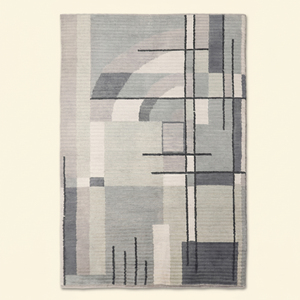 Alfombra de Lana Plateada con Diseño Arquitectónico en Gris Marfil, Hecha a Mano, Moderna, Abstracta, Geométrica, para Sala de Estar, Oficina, Hotel - Product Image 1