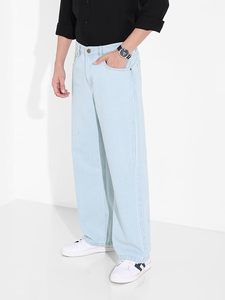 Jean en denim bleu clair pour homme, coupe large, 100 % coton, écologique, taille mi-haute, coupe ample, style vintage, décontracté, uni, été - Product Image 3