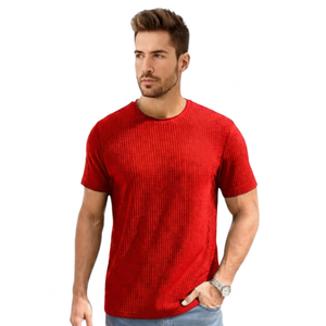 T-shirt en maille gaufrée vert à manches courtes et col rond pour homme, coupe classique, décontracté, imprimé photo, respirant, en polyester - Product Image 4