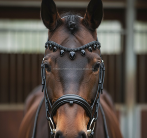 Fronture de luxe en cuir noir en forme de V avec cristaux en forme de goutte suspendus – Accessoire de bride premium - Product Image 6