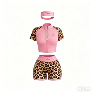 Conjuntos de Yoga Transpirables Personalizados para Mujer, Conjunto de 3 Piezas, Estampado de Leopardo, Logotipo Personalizado, Conjunto de Dos Piezas Suaves, Conjunto de Pantalones Cortos para Mujer - Product Image 1