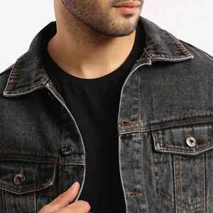 Veste en jean noire pour homme, col rabattu, manches longues, fermeture à cordon, effet vieilli, vintage, imperméable, décontractée, pour l'automne - Product Image 5