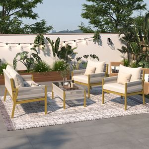 Set di 4 pezzi Set di mobili da giardino in corda profonda da esterno con cuscino spesso tavolo in vetro temperato per il giardino del portico del cortile - Product Image 2