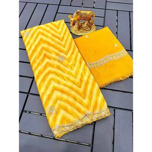 DESIGNER CHINON SILK PRINTED THREAD SEQUENCE WORK SAREE WITH UNSTITCHED BLOUSE YELLOW - Product Image 1