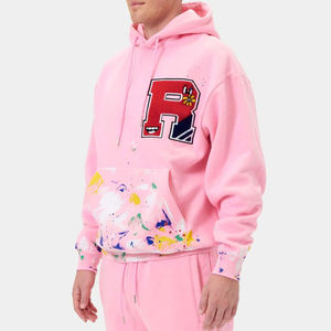 เสื้อฮู้ดสีชมพูสำหรับผู้ชาย แบบสวมหัว มีลายปักตัวอักษร ลายสาดสี เสื้อฮู้ดลำลอง สไตล์สตรีทแวร์ แขนยาว ทรงโอเวอร์ไซส์ ผ้าฝ้าย - Product Image 5