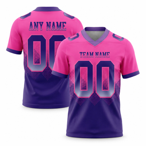 เสื้อฟุตบอลทีมแบบซับลิเมชั่นสั่งทำพิเศษพร้อมชื่อทีม ขายส่งเสื้ออเมริกันฟุตบอลสีทีม ผ้าโพลีเอสเตอร์แห้งเร็ว คอวี แขนสั้น - Product Image 1