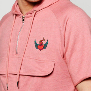 Men's Pink Hooded Short Sleeve Stand <b>Collar</b> <b>T</b>-<b>Shirt</b> Sublimation Printed Logo Casual Summer Wear 100% Cotton Fleece Knitted - Product Image 3