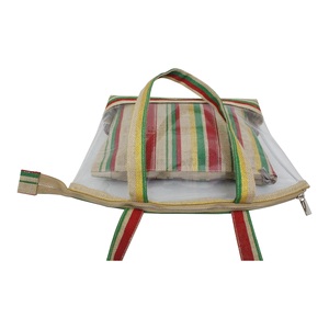 Sac cosmétique transparent en PVC à imprimé rayé, sac messager de style bohème pour femmes XL, sac de toilette en tissu de jute laminé PP, trousse de maquillage - Product Image 4