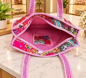 Sac fourre-tout en toile de coton rose à motifs paisley bohèmes pour femme, sac de voyage avec fermeture éclair - Product Image 2
