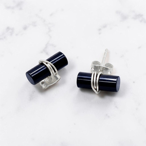 Black Onyx Cylinder <b>Stud</b> <b>Earrings</b> Silver Plated Brass Natural Gemstone Minimalist Cabochon Bar <b>Earrings</b> Wholesale - Product Image 1