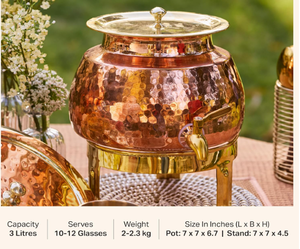 หม้อน้ำทองแดงแท้ (Matka) พร้อมฝาปิดทองเหลืองกันรั่วแบบมีก๊อกน้ำ  ฐานโลหะ  ภาชนะเก็บน้ำแบบดั้งเดิมสำหรับบ้านและสำนักงาน - Product Image 4