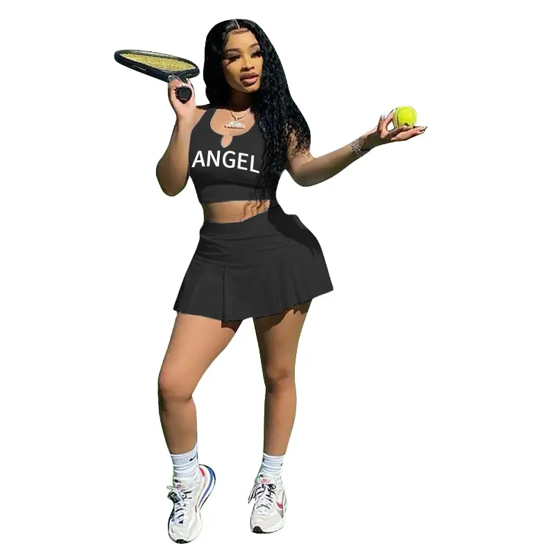 ชุดเสื้อผ้า2ชิ้นสตรี,ชุดลำลองทันสมัยแขนสั้นพิมพ์ลายสำหรับฤดูร้อนกระโปรงจีบเทนนิส