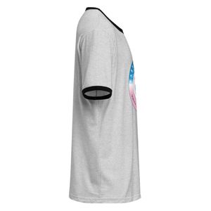 Camiseta Unisex de Cuello Redondo con Ribete en Contraste Negro y Gris Jaspeado, Estilo Retro para Uso Diario Informal, Región Oriental - Product Image 4