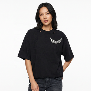 T-shirt court noir oversize avec logo R ailé imprimé sur le devant, manches courtes, col rond, style streetwear pour homme, jersey en coton - Product Image 6