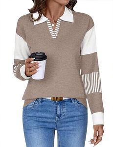 Suéteres holgados de manga larga con cuello en V, suéteres de punto a rayas con bloques de color, tops tipo jersey - Product Image 5