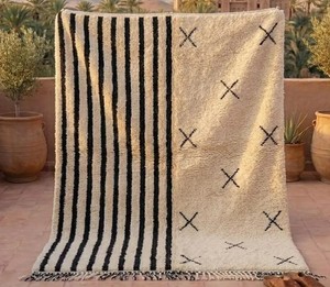 Único Beni ourain alfombra suave dormitorio alfombra marroquí Boho Beni Ourain Albertina mano anudada lana algodón negro Beige alfombra - Product Image 3