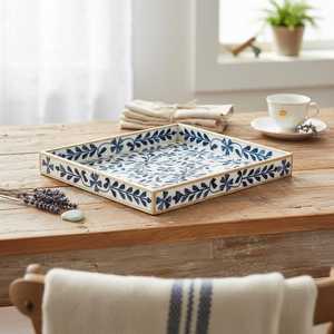 Handmade Bone Inlay Serving Tray, Blue Floral Decorative Tray, Wooden Ottoman Tray, <b>Coffee</b> <b>Table</b> Organizer, Vanity Display Tray - Product Image 6