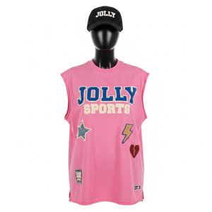 Camiseta sin mangas para mujer, de algodón jersey, color rosa lavado, con apliques gráficos, bordado y logotipo personalizado. Camisetas sin mangas de algodón para mujer. - Product Image 1