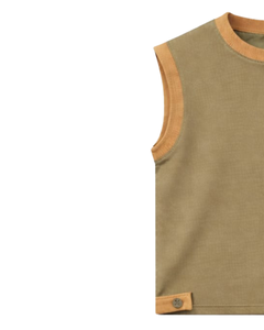 Conjunto de Top sin Mangas y Pantalones Cortos en Color Caqui y Naranja con Contraste para Hombre, Atuendo Casual de Verano, Cintura con Cordón Ajustable, Mezcla de Algodón Transpirable, Ajuste Cómodo - Product Image 3