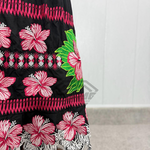 Jupe midi noire en gros avec broderie florale Hibiscus polynésien, taille haute, bande élastique, style ethnique tribal hawaïen, avec garniture en dentelle - Product Image 5