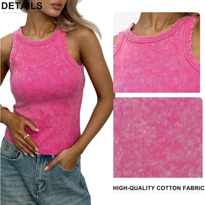 Camiseta sin mangas básica ajustada de verano para mujer, estilo crop top, de punto acanalado con efecto lavado ácido, informal con borlas y encaje - Product Image 5