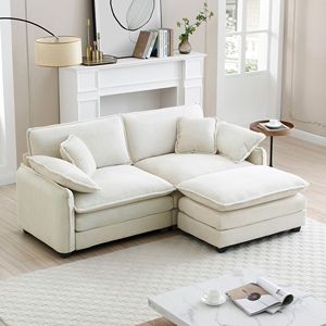 Two-Seater L-Shaped Corduroy <b>Sofa</b> with Ottoman Beige <b>Small</b> Living Spaces Living Room Furniture - Product Image 1
