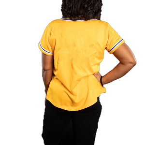Customized Greek Logo SGRho Women Baseball Jersey Yellow Blue Button Down <b>Shirt</b> Premium Fit Greek Sorority Athletic Casual Style - Product Image 3