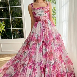 Vestido Maxi Estilo Corsé con Estampado Floral para Mujer, Escote Cuadrado Favorecedor, Sin Mangas, Vestido de Algodón Artesanal - Product Image 1