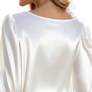 Chemisier blanc tissé à manches longues bouffantes pour femme, col rond, taille smockée, poignets élégants, coupe ample, décontracté, pour le bureau et le quotidien - Product Image 4