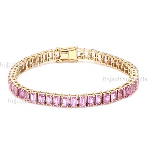 Bracelet de tennis en or jaune massif 14 carats saphir rose naturel pierre précieuse taille émeraude 5x3mm taille de pierre cadeau de fête de mariage élégant - Product Image 1