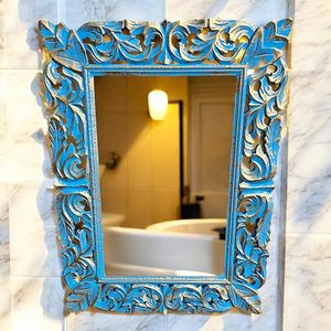 Carved Resin Eco-Friendly Luxury Vintage Floral Decorative Vanity Wall Mirror Blue Gold Finish for Bathroom Bedroom Entryway - Product Image 4