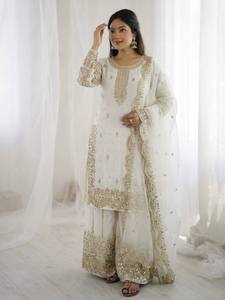 Conjunto Sharara de Seda Fandy Blanca Bordada con Lentejuelas Doradas, Traje Tradicional Indio Pakistaní para Mujer, Largo hasta el Suelo - Product Image 5
