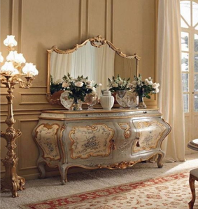 Vintage metallic silver curved wooden dresser <b>table</b> featuring <b>gold</b> details and frame mirror, available at wholesale prices. - Product Image 5
