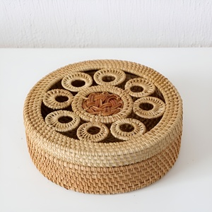 <b>Decorative</b> round rattan box with flower pattern lidded basket <b>for</b> sale braided organizer <b>boxes</b> - Product Image 3