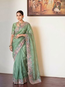 Premium <b>Tissue</b> Organza Saree Heavy Floral Embroidery | Winter Designer Indian <b>Wedding</b> Party Wear Saree Blouse Stretchable - Product Image 1