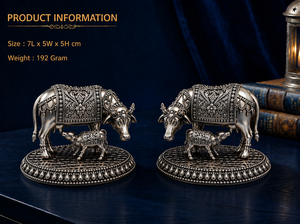 Par de Ídolos de Vaca y Ternero de Latón Plateado Oxidado 7x5x5cm, 100% Latón, Gau Mata Murti, Puja, Decoración del Hogar para Diwali, Regalo Espiritual Hecho a Mano - Product Image 3