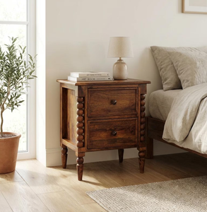 Table de chevet haute convertible de luxe, fabriquée à la main, 2 tiroirs, en bois de teck, style traditionnel classique, brun cerise, pour chambre à coucher et salon - Product Image 1