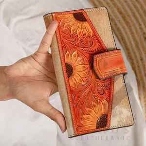 Western Style Cow Hide Leather Clutch Cow Girl's Stylish Women Leather Wallets High Quality Tooled Leather Wristlet Clutch