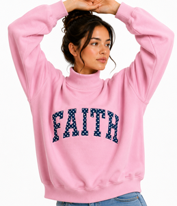 เสื้อสเวตเตอร์คอเต่าสีชมพูสำหรับผู้หญิง ลายปักตัวอักษร Faith ดีไซน์เก๋ ผลิตจากผ้าฝ้ายถัก 100% เหมาะสำหรับใส่ในฤดูใบไม้ร่วง - Product Image 5
