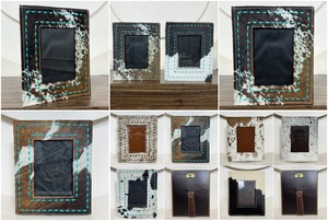 Nouveaux cadres photo en cuir de vachette véritable 4x6 avec coutures turquoise rustique Western Home Decor & Gifts - Product Image 3