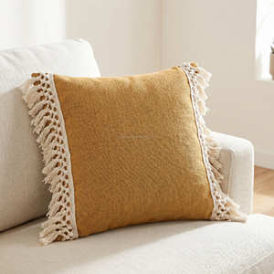 Housse de coussin en coton gris moderne avec franges décoratives, coussin d'appoint, décoration Japandi pour la maison - Product Image 6