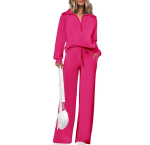 Conjunto Deportivo Rosa para Mujer, Color Sólido, Manga Larga, Media Cremallera, Casual, Transpirable, Corte Holgado, Cintura con Cordón, para Primavera - Product Image 1