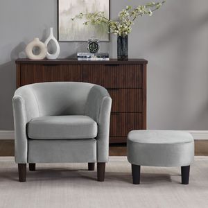 Poltrona Moderna in Velluto Grigio con Poggiapiedi, Sedia Decorativa per Soggiorno e Camera da Letto - Product Image 4