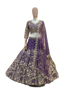 Purple Embroidered Butterfly <b>Net</b> Semi-Stitched Lehenga Choli with Dupatta Floral Design Traditional Indian Wedding Wear Women's - Product Image 4