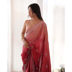 Designer Wedding <b>Saree</b> with Sequence and Multi-Thread Zari Dori Work - Product Image 2