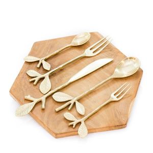 Ensemble de couverts tendance en laiton avec poignée en forme de feuille, fait main, cuillère, fourchette, couteau, service de table de luxe - Product Image 1