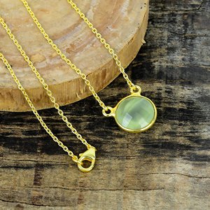 Collier avec pendentif en pierre précieuse de préhnite naturelle de forme ronde, chaîne en argent sterling 925 plaqué or 18 carats - Product Image 3