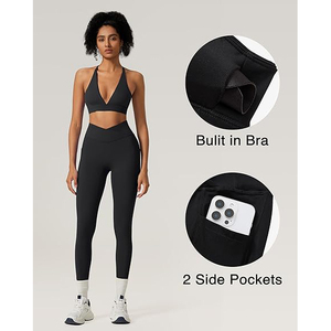 Ensemble de yoga pour femmes avec soutien-gorge de sport à poche discrète pour téléphone, leggings taille haute avec poche pour clés et cartes, réfléchissant pour la course nocturne, en nylon et élasthanne - Product Image 5