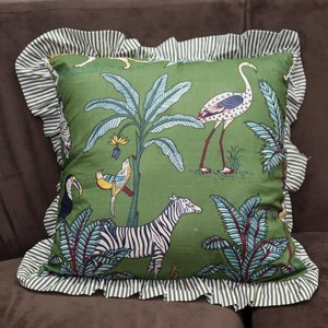Tropical Safari Ruffle <b>Cushion</b> <b>Cover</b> Boho Throw Pillow, Block Print <b>Cushion</b> <b>Cover</b>, Country Pillow Decor, Farmhouse - Product Image 1
