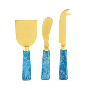 Ensemble de couteaux à fromage et à beurre de qualité supérieure, plaqué or, avec emballage personnalisé moderne, couleur bleu ciel, pour la maison et l'hôtel - Product Image 1